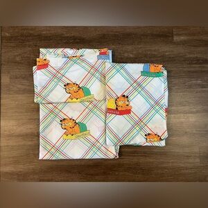 Vtg Garfield 2 Twin Flat & Fitted Bed Sheets Primary‎ Color Stripes 1978 USA F21